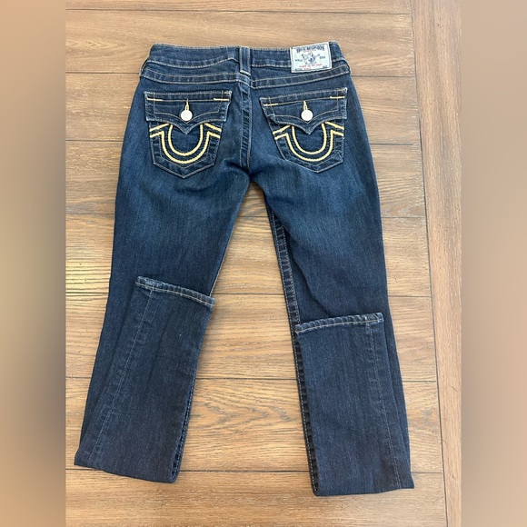 True Religion Dark Blue Skinny Jeans with Yellow Accents Size 25 Great Condition - Picture 3 of 5